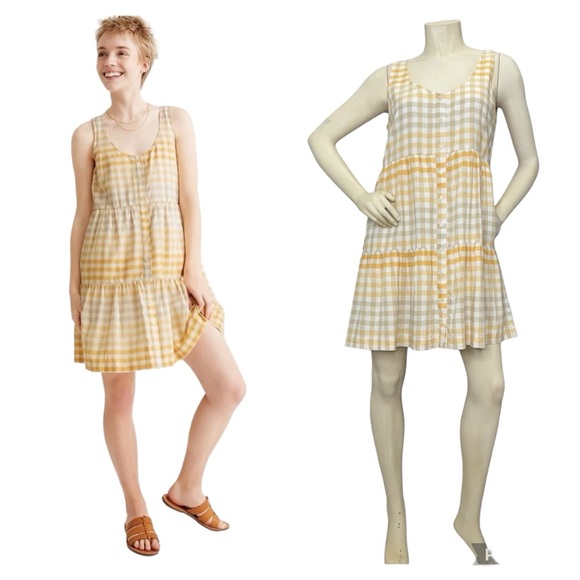 MADEWELL Yellow, White & Gray Plaid Button Down Sleeveless Tiered Ruffle Dress,M - Picture 1 of 16